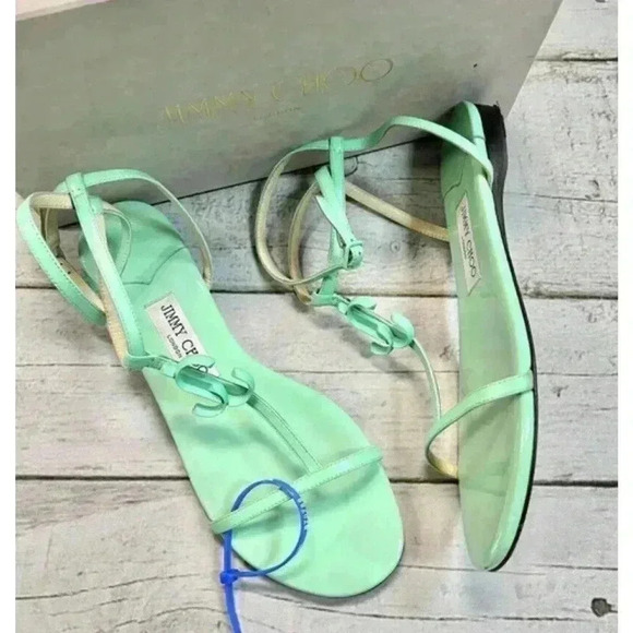 JIMMY CHOO Alodie Flat Nappa Patent Leather Sandals T Strap Logo Mint Green 9 39 - Picture 2 of 16